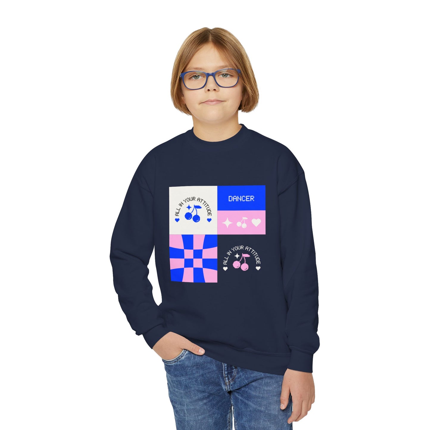 "Dancer – All in Your Attitude" Youth Crewneck Sweatshirt | Retro Dance Graphic Kids Pullover for Confident Movers