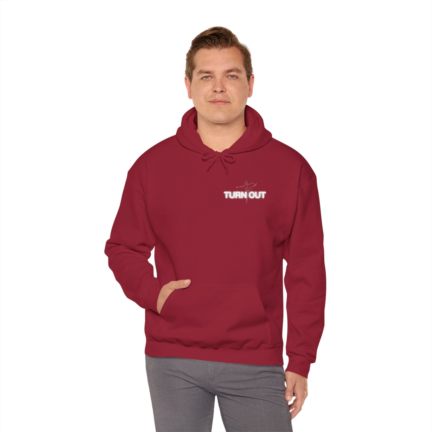 Man wearing a red hoodie with text on a white background