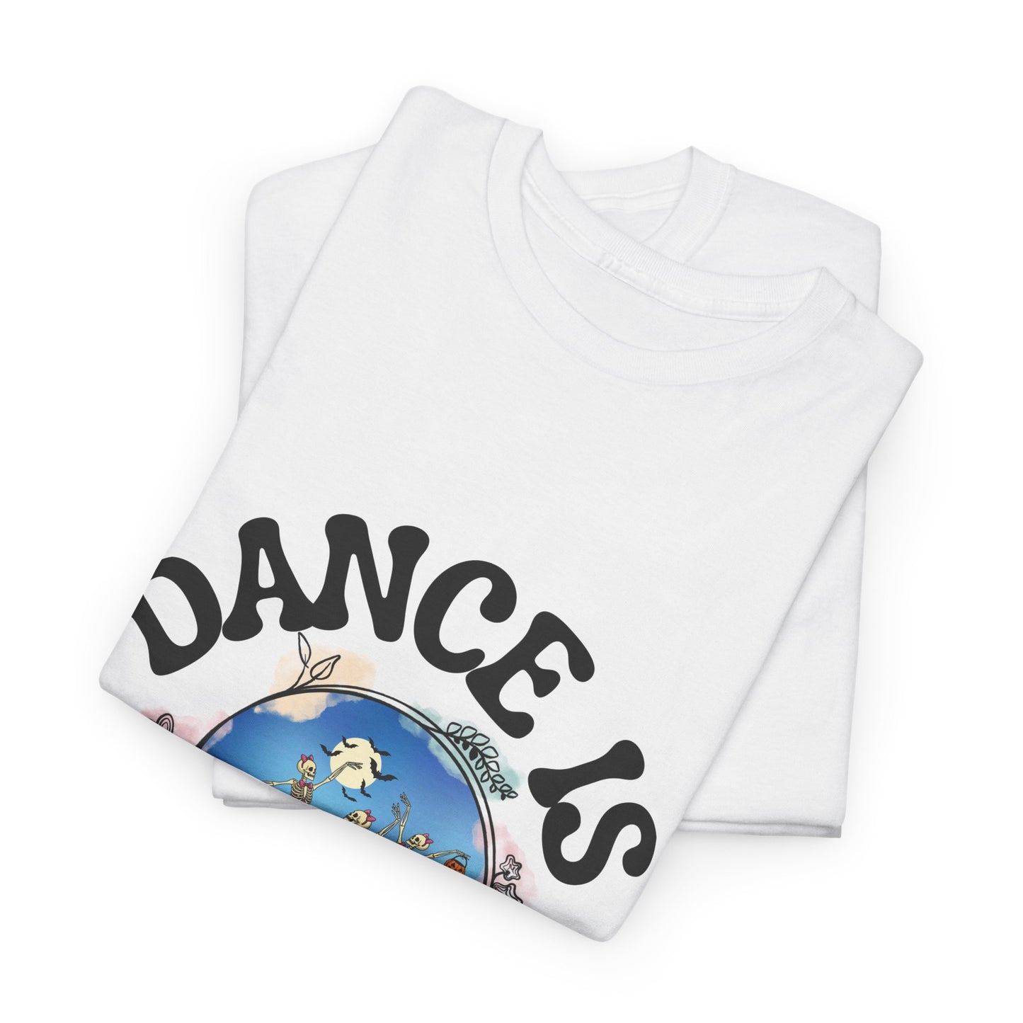 “Dance Is in My Bones” Halloween Dance T-Shirt with Dancing Skeletons Graphic - Unisex Heavy Cotton Tee