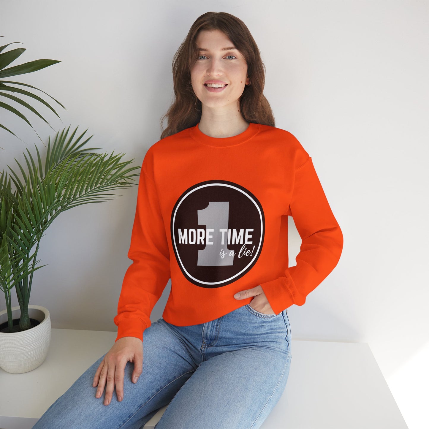 "One More Time Is a Lie." Unisex Heavy Blend Crewneck Sweatshirt – Bold Emblem Graphic Dance Teacher Quote Pullover for Dancers & Studio Life