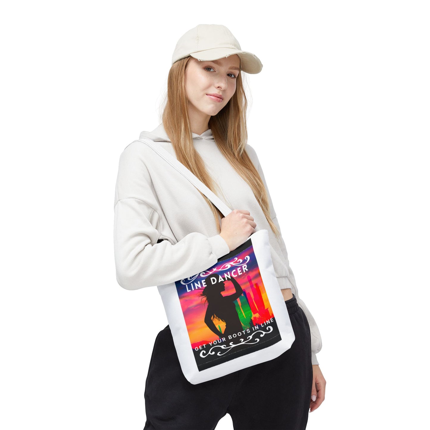 "Line Dancer, Boots on the Ground” Canvas Tote Bag – Cowgirl Graphic | Western Dance Bag for Country Lovers & Line Dancing Fans