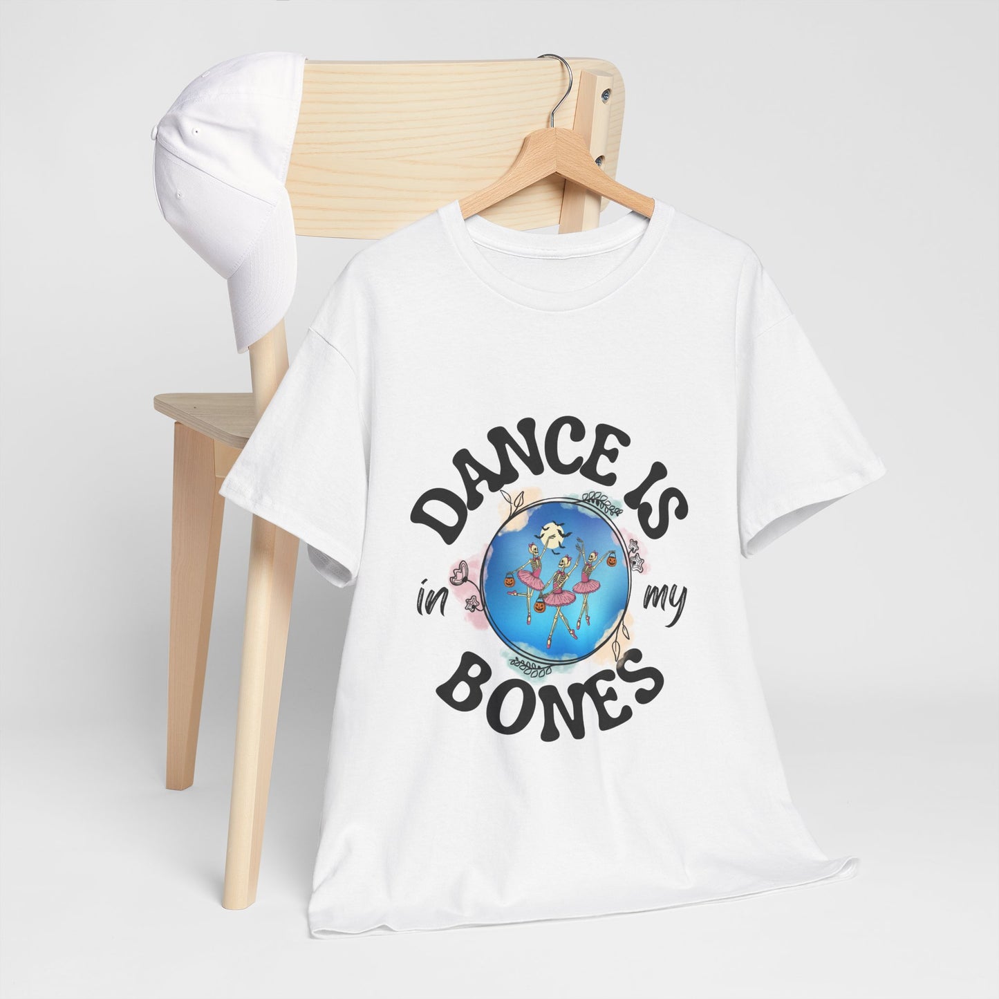 “Dance Is in My Bones” Halloween Dance T-Shirt with Dancing Skeletons Graphic - Unisex Heavy Cotton Tee