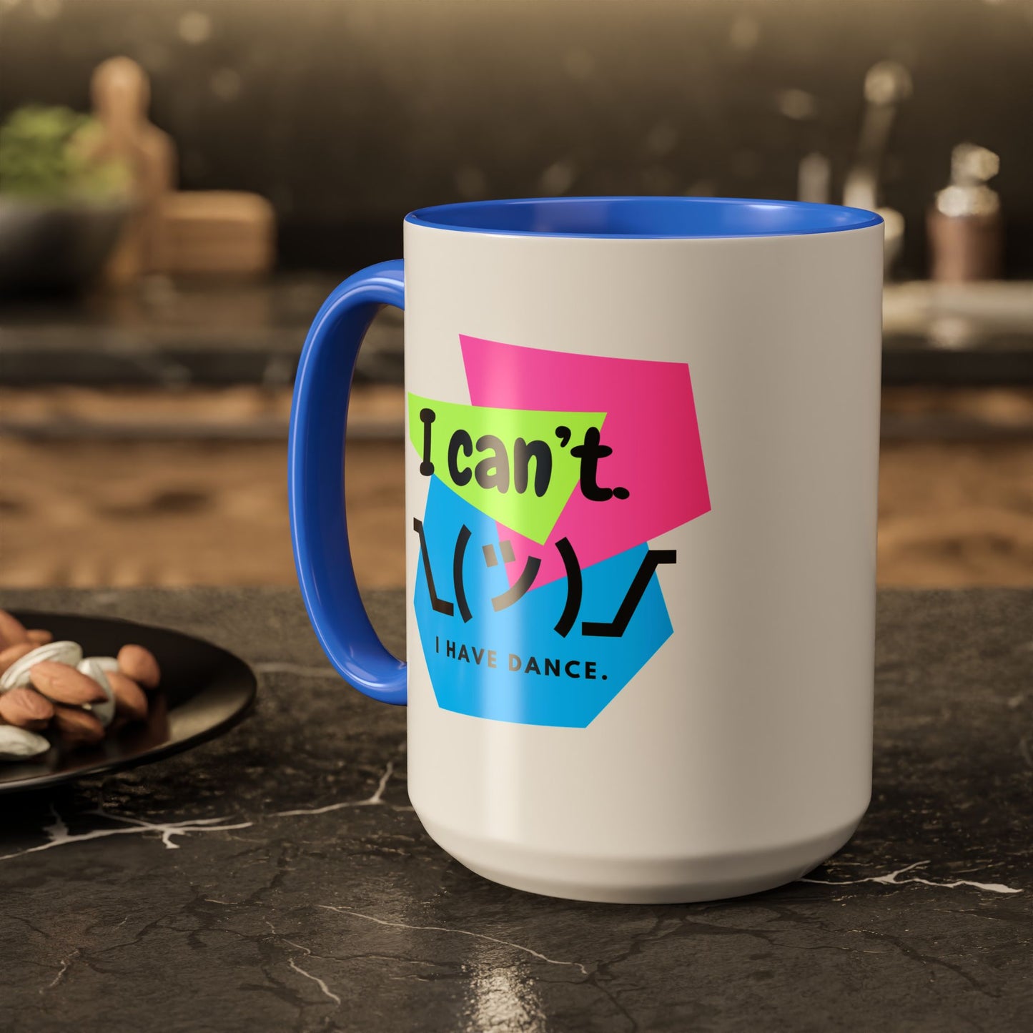 “I Can’t. I Have Dance Mug.” with Colored Handles – Bold 80s Retro Dance Graphic Coffee Cup