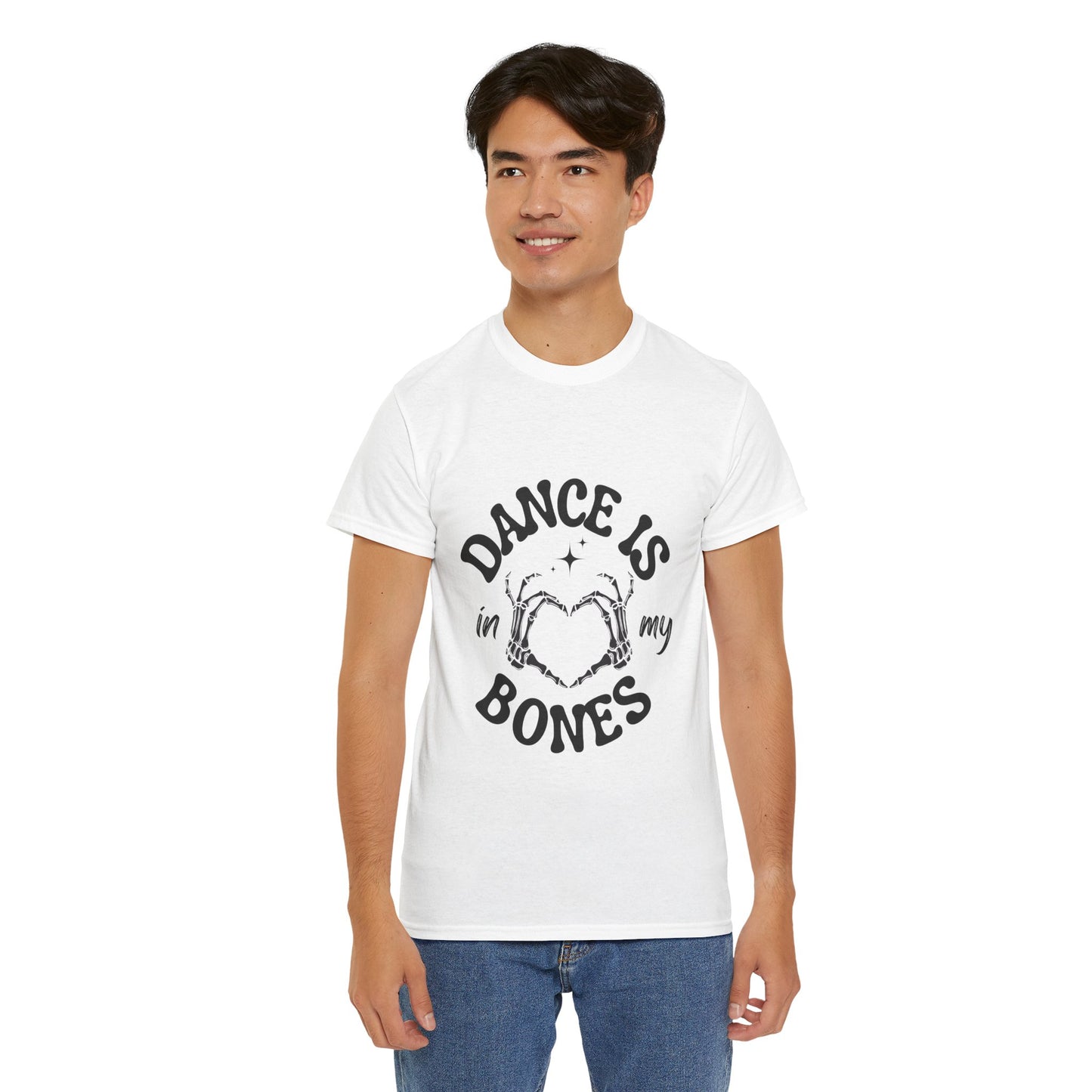 “Dance Is in My Bones” Halloween Dance T-Shirt with Cute Skeleton Heart Graphic - Unisex Heavy Cotton Tee