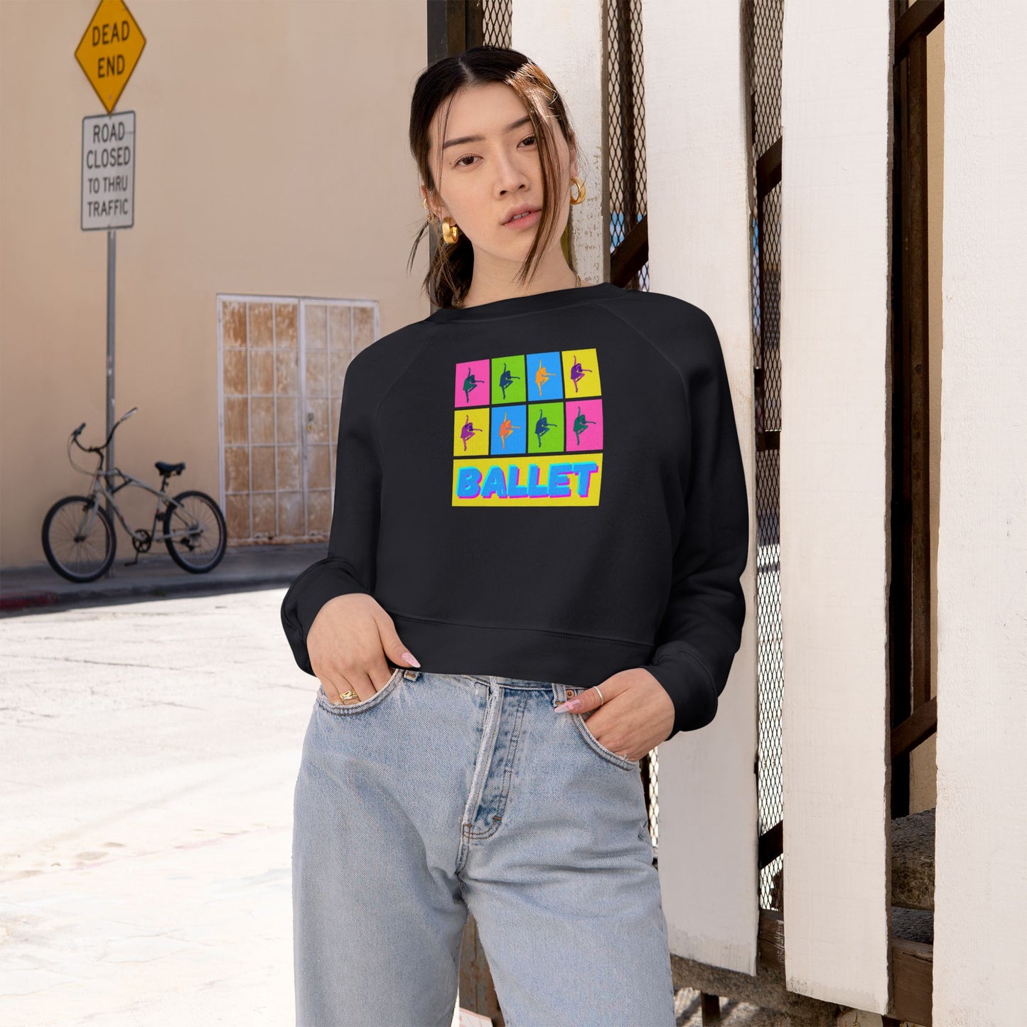 “Ballet” Pop Art Inspired Design with Ballet Dancer Graphics | Streetwear-Inspired Ballet Dance Sweatshirt for Dancers & Enthusiasts - Women’s Cropped Sweatshirt