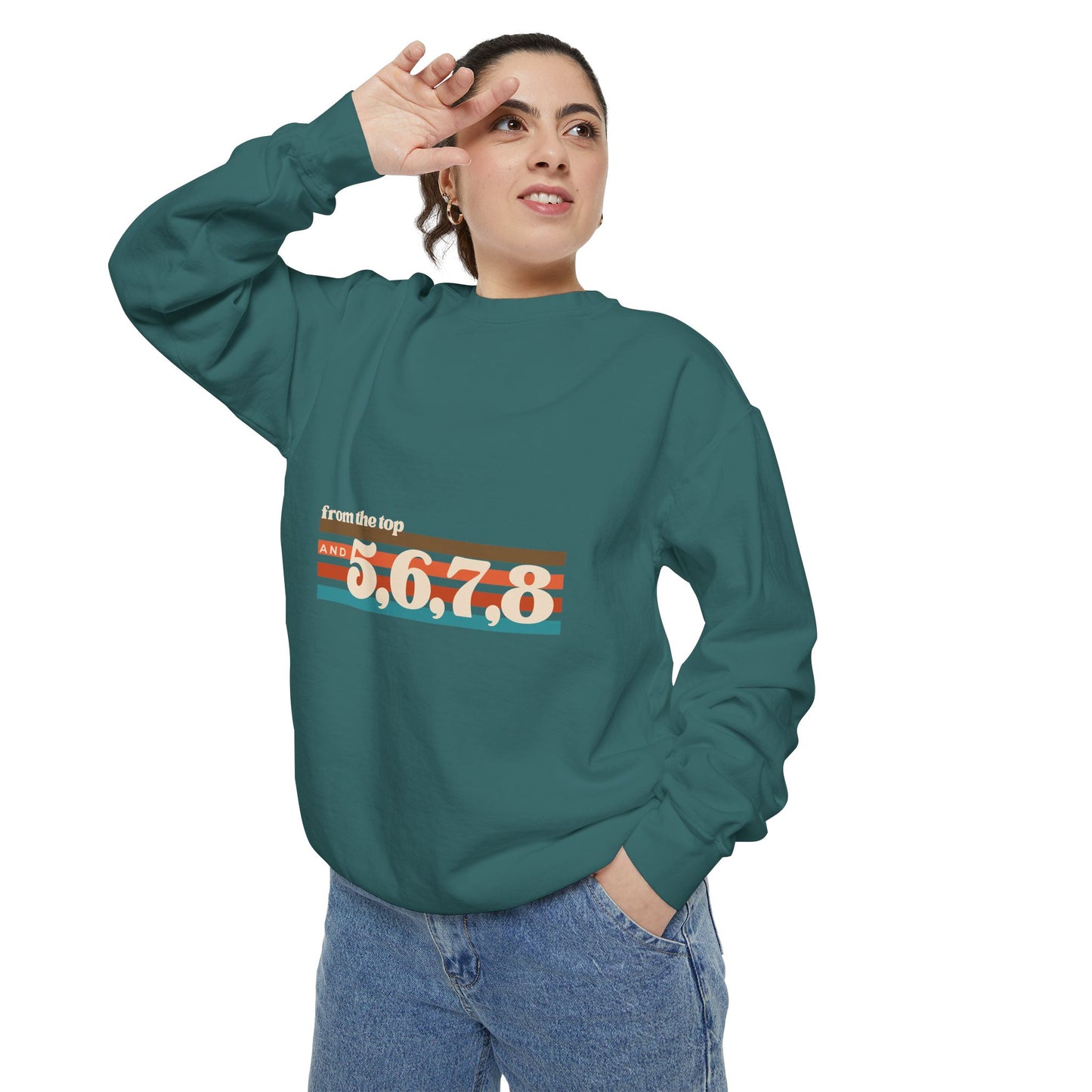 "From the Top and 5 6 7 8" Unisex Lightweight Crewneck Sweatshirt – Retro Dance Graphic Pullover for Dancers & Choreographers