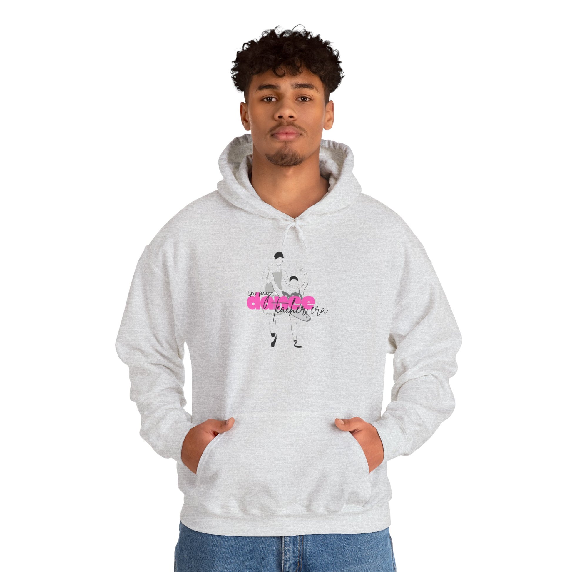 Person wearing a white hoodie with a graphic design on a white background