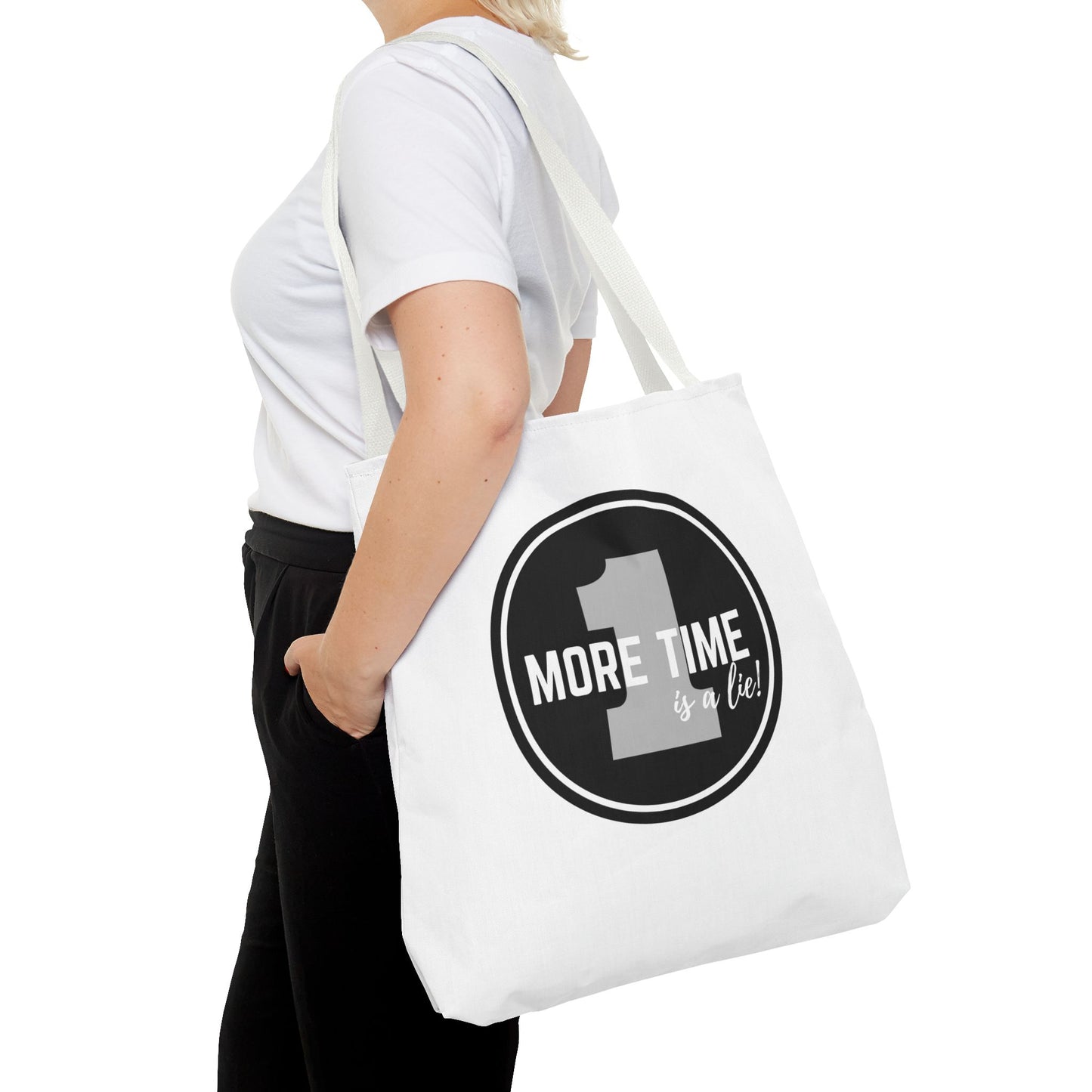 "One More Time is a Lie" Dance Tote Bag – Bold Emblem Graphic Canvas Bag for Dancers, Rehearsals & Everyday Use