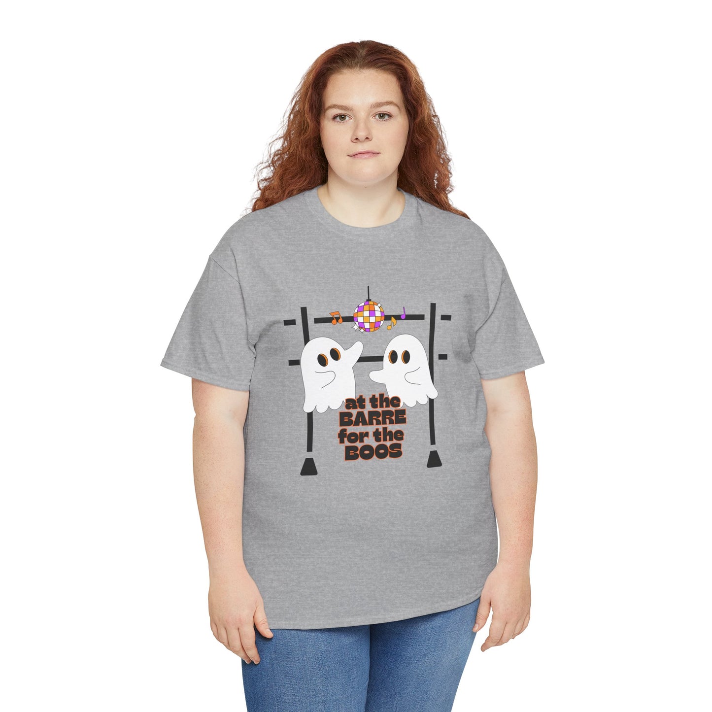 “At the Barre for the Boos” Dance Halloween T-Shirt with Cute Ghost Ballet Graphics - Unisex Heavy Cotton Tee