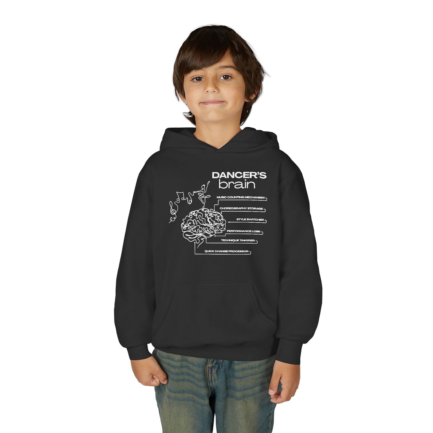 “Dancer’s Brain” Unisex Youth Hoodie with Funny Dance Brain Graphic – Personalized Dance Hoodie for Kids & Teens, Custom Name or Studio Option