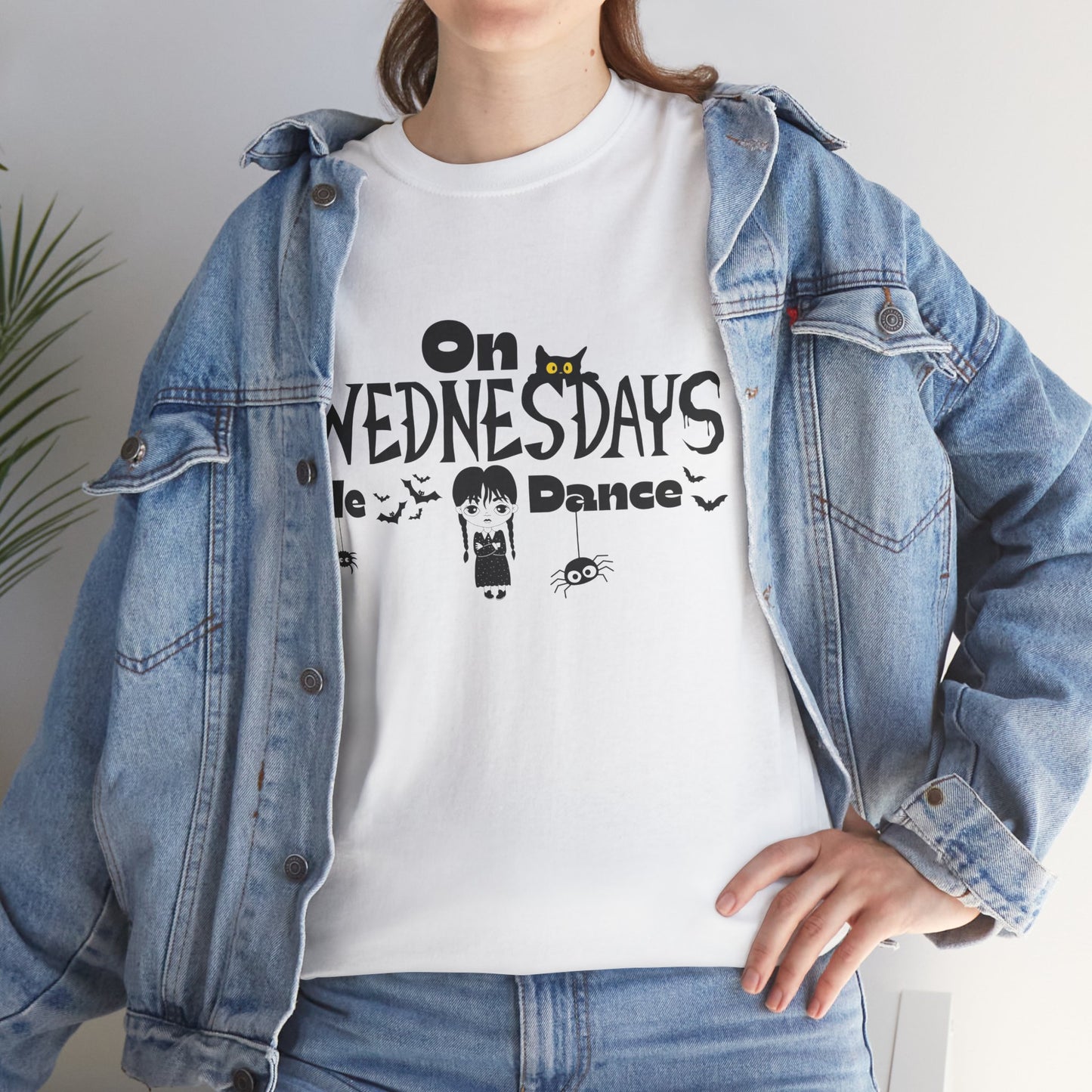 “On Wednesdays We Dance” Gothic Halloween T-Shirt with Cute Girl, Black Cat, Spiders & Bats - Unisex Heavy Cotton Tee