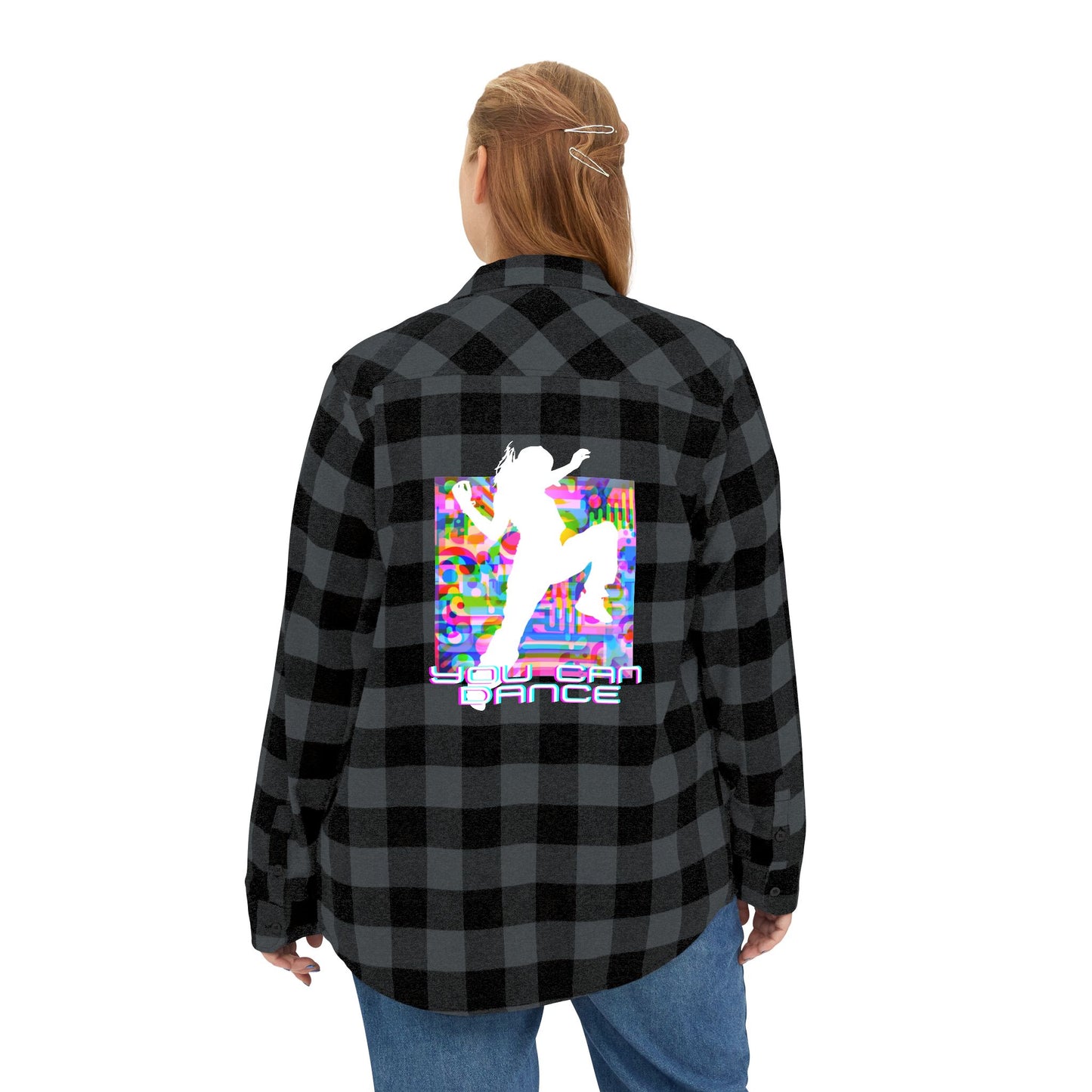 Levels Premium Collection Flannel Shirt – Unisex Streetwear Button-Up with "Levels Pictures Textures" Front Text and Bold Dancer Silhouette Back Graphic