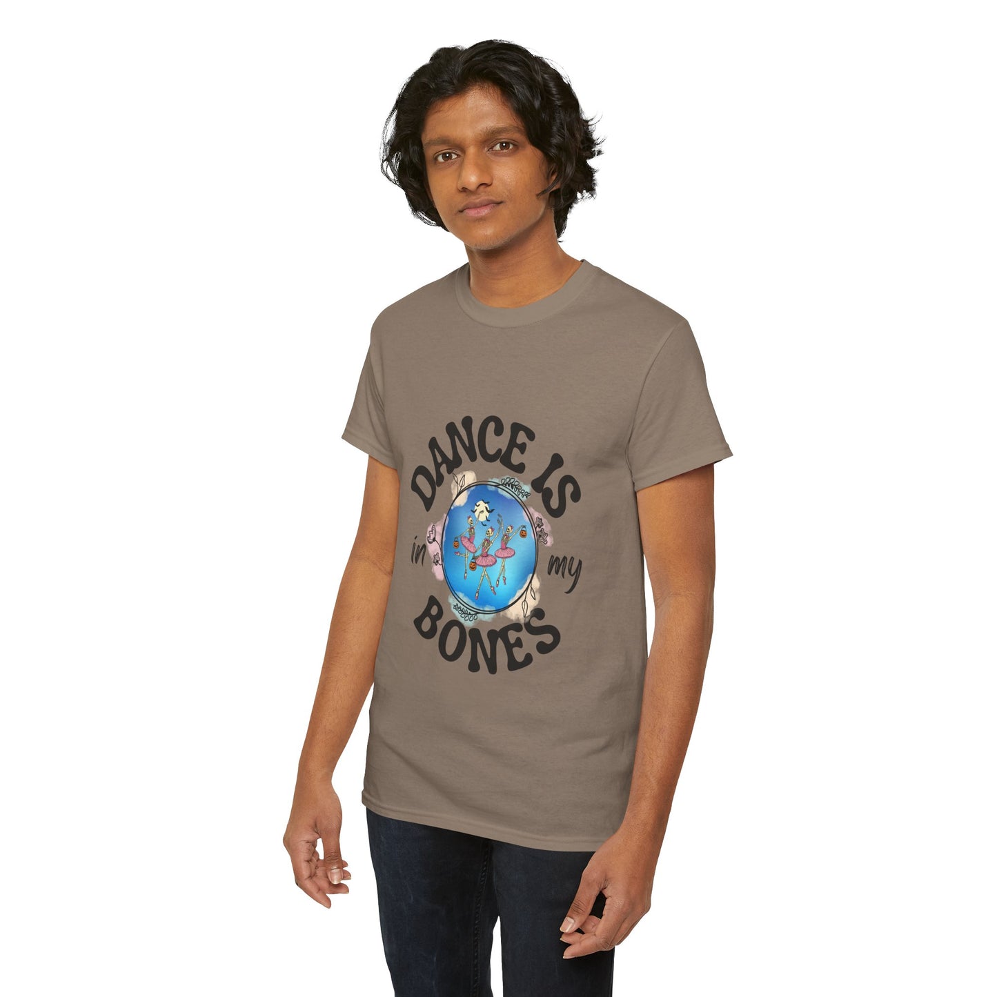 “Dance Is in My Bones” Halloween Dance T-Shirt with Dancing Skeletons Graphic - Unisex Heavy Cotton Tee