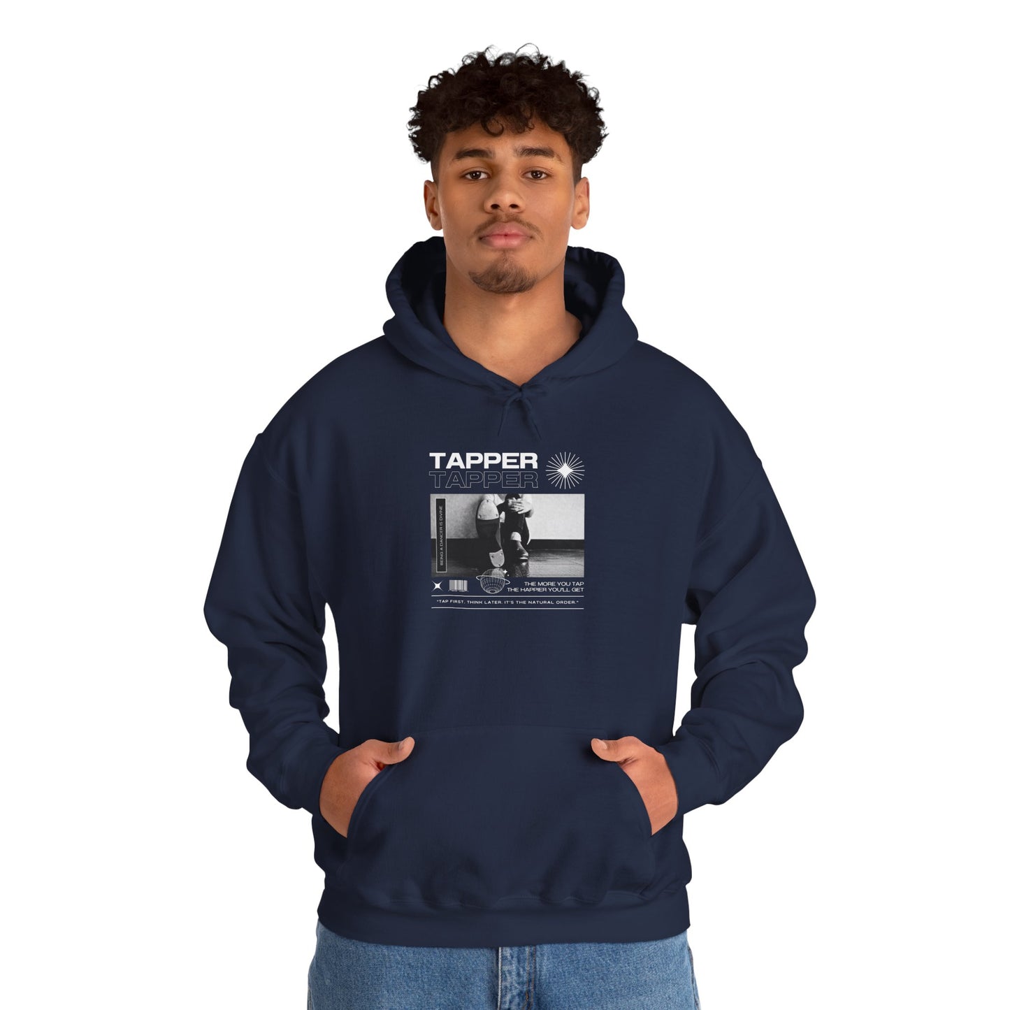 “Tapper” Tap Dance Text with Streetwear-Style Tap Shoes Graphic – Unisex Heavy Blend™ Hooded Sweatshirt – Cozy Dance Hoodie for Tap Dancers & Performing Arts Fans
