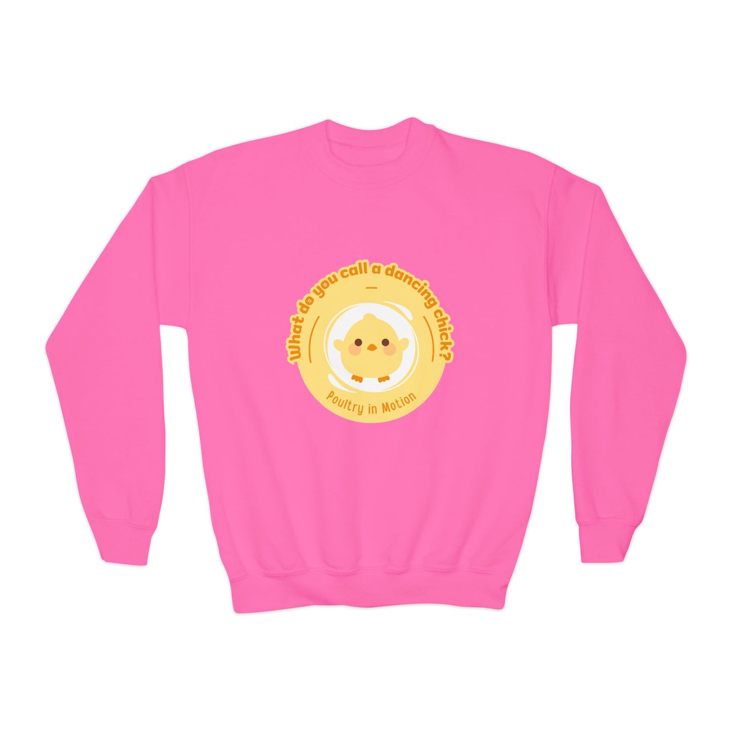 "What do you call a dancing chick? Poultry in Motion." – Funny Dance Pun Youth Crewneck Sweatshirt | Cute Dancing Chicken Kids Pullover