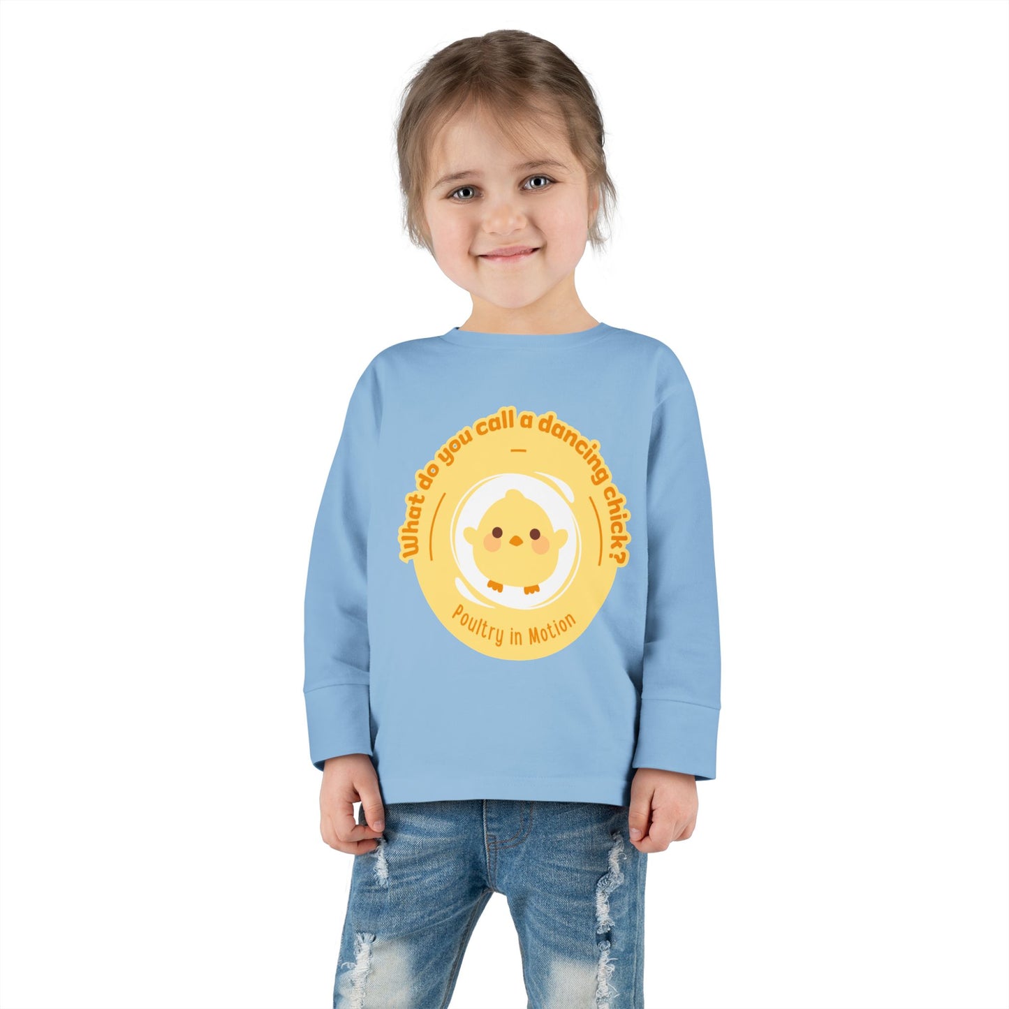 "What Do You Call a Dancing Chick? Poultry in Motion" Toddler Dance T-Shirt – Cute Chicken Graphic Long Sleeve Tee for Kids