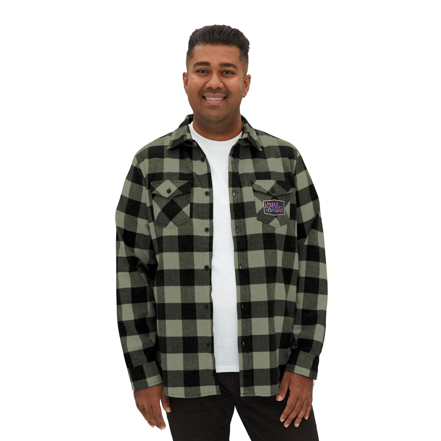 Levels Premium Collection Flannel Shirt – Unisex Streetwear Button-Up with "Levels Pictures Textures" Front Text and Bold Dancer Silhouette Back Graphic