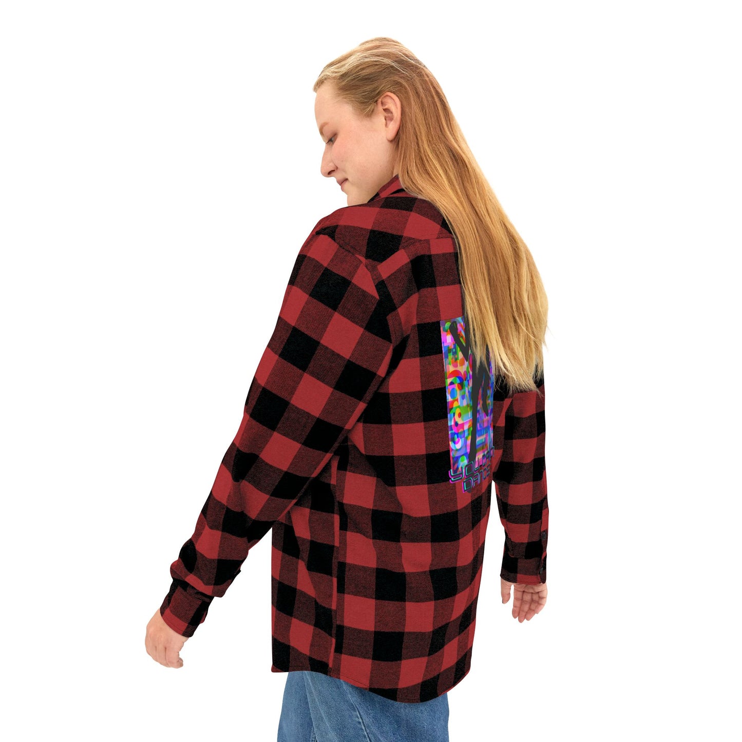 Levels Premium Collection Flannel Shirt – Unisex Streetwear Button-Up with "Levels Pictures Textures" Front Text and Bold Dancer Silhouette Back Graphic