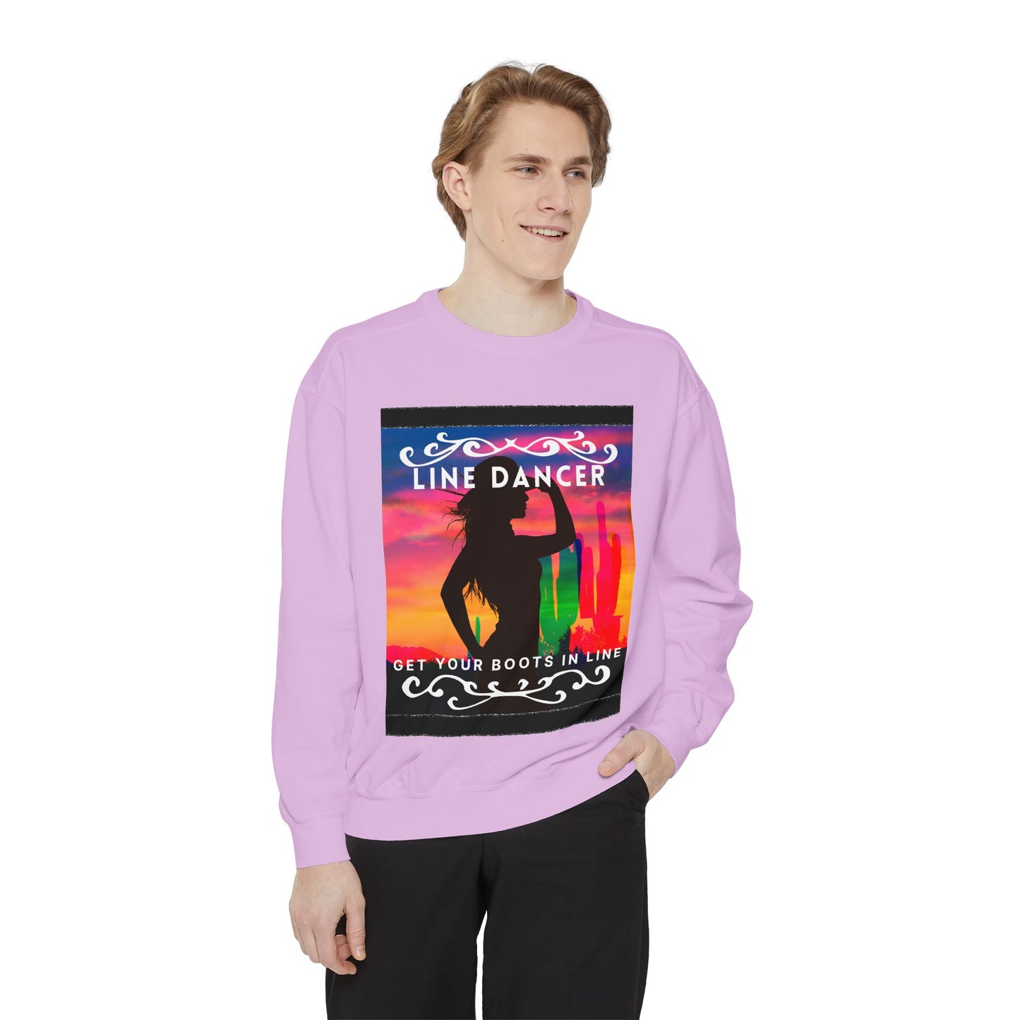 "Line Dancer, Get Your Boots in Line" Unisex Lightweight Crewneck Sweatshirt – Western Dance Graphic Pullover for Country Music & Boot Scootin’ Fans