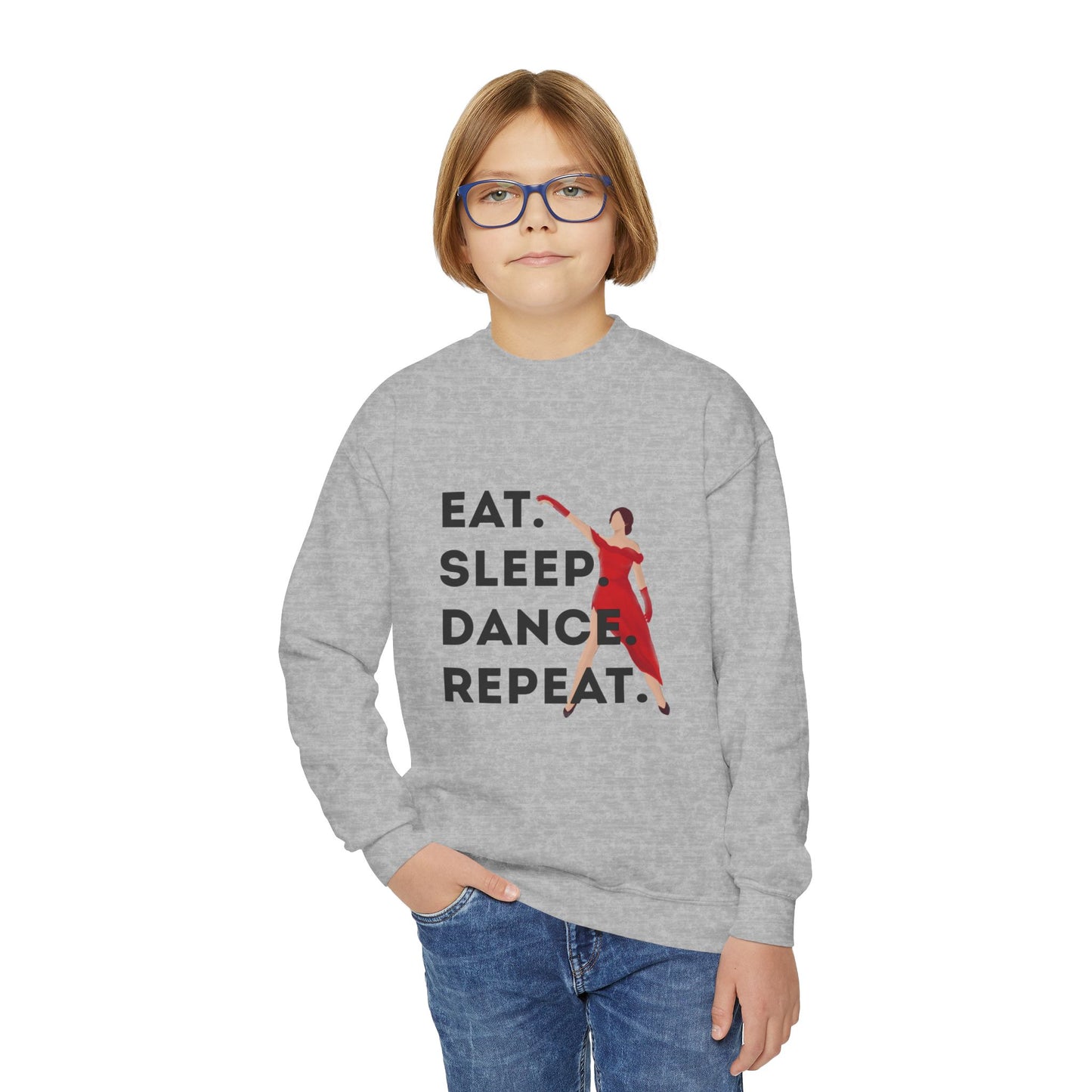 "Eat Sleep Dance Repeat" – Bold Dancer Graphic Youth Crewneck Sweatshirt | Kids Dance Life Pullover