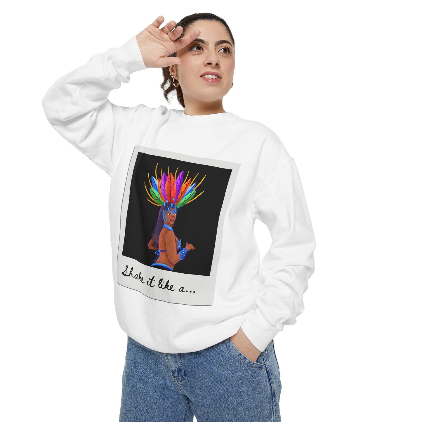 "Shake It Like a..." Unisex Lightweight Crewneck Sweatshirt – Carnival-Inspired Samba Dancer Graphic Pullover for Dance Lovers & Festival Vibes