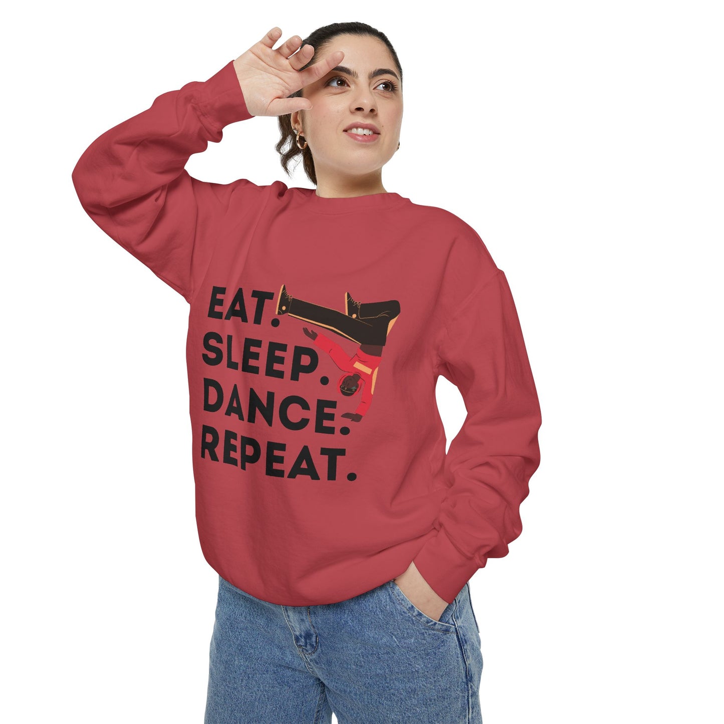 "Eat, Sleep, Dance, Repeat." Unisex Lightweight Crewneck Sweatshirt – Bold B-Boy Graphic Pullover for Hip-Hop Dancers & Street Style Fans