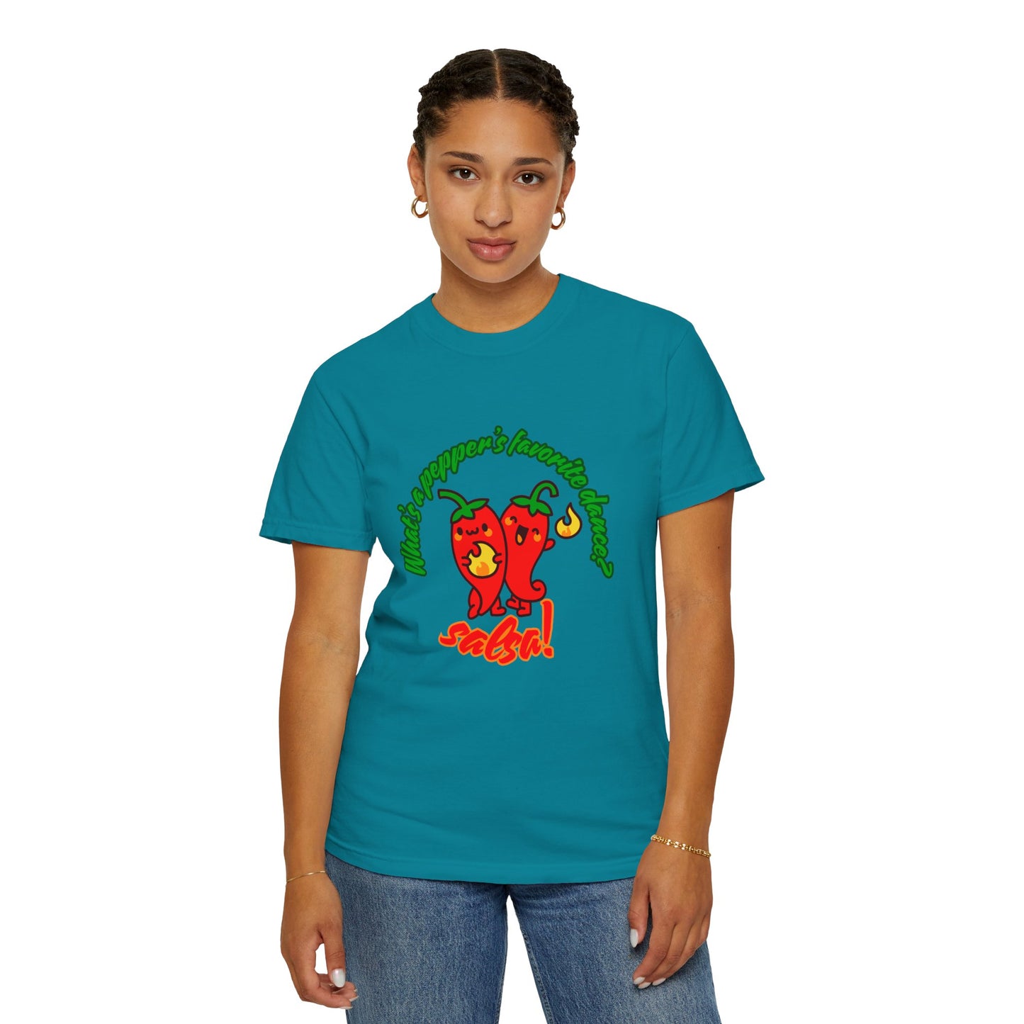 "What's a Pepper's Favorite Dance? Salsa!" Dance Pun Unisex Garment-Dyed T-Shirt – Funny Dance Joke Tee with Cute Pepper Graphic – Dance Humor Shirt for Food & Pun Lovers
