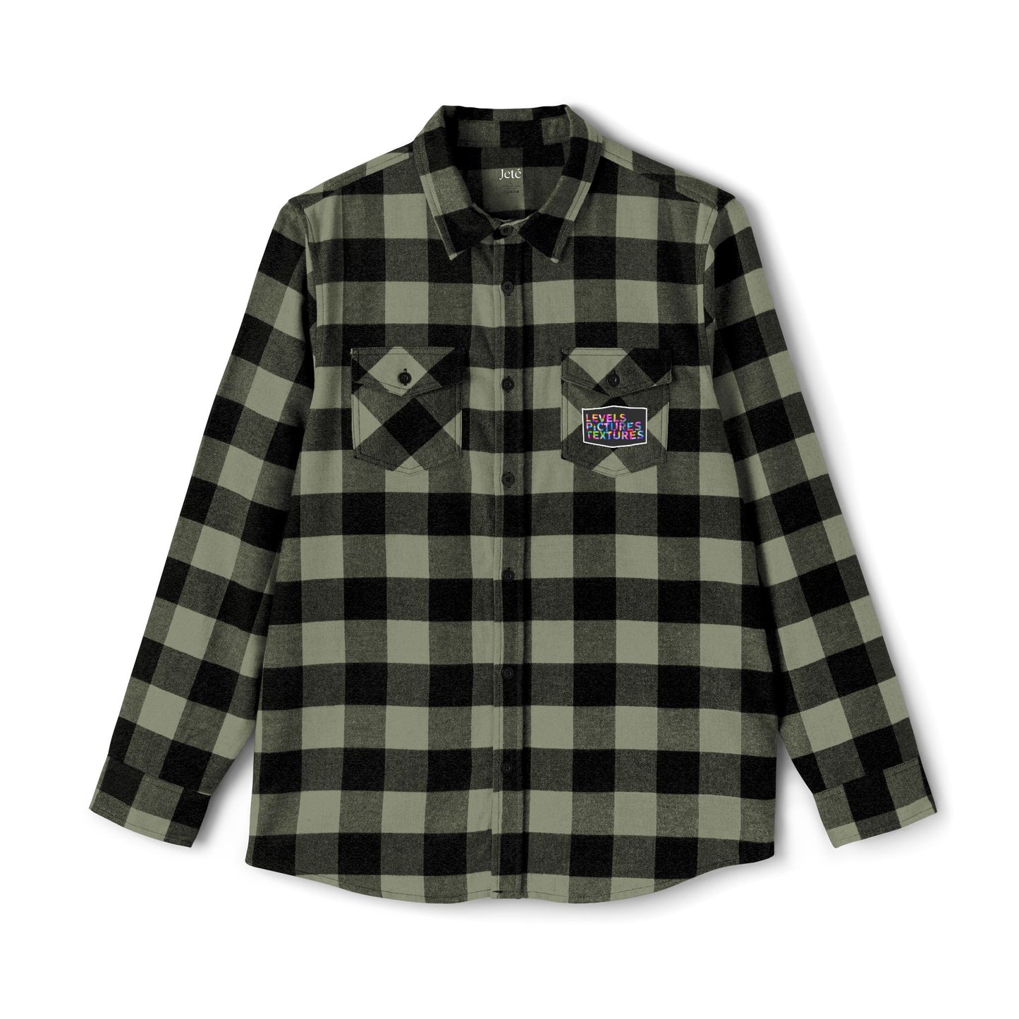 Levels Premium Collection Flannel Shirt – Unisex Streetwear Button-Up with "Levels Pictures Textures" Front Text and Bold Dancer Silhouette Back Graphic