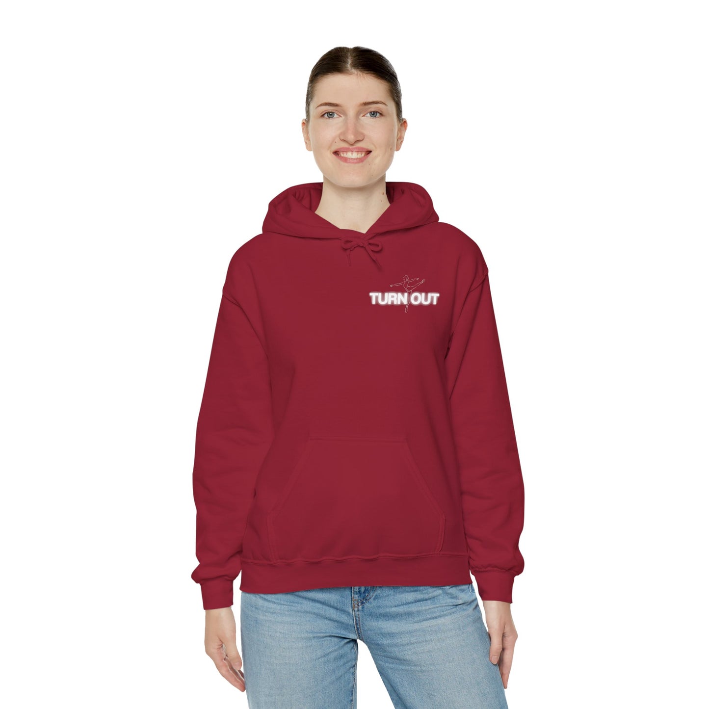 Person wearing a red hoodie with text on a white background
