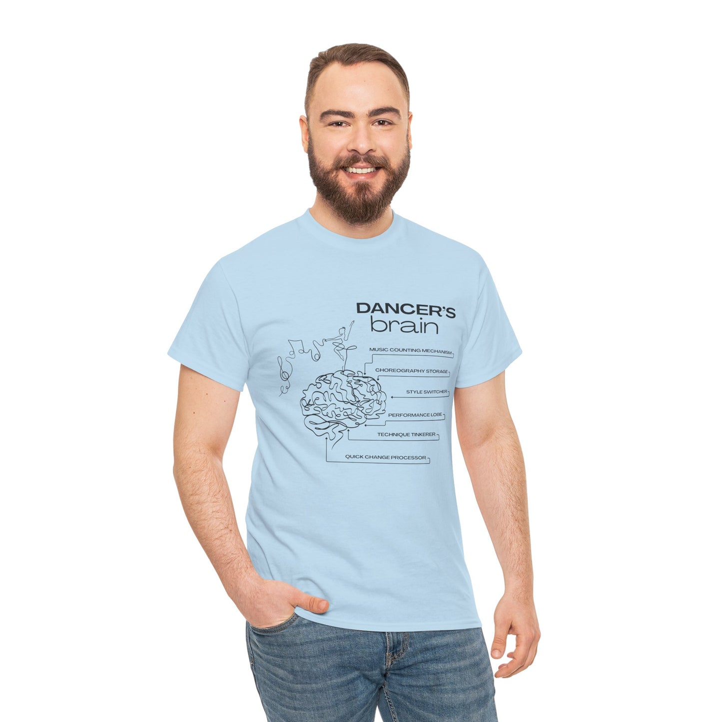 “Dancer’s Brain” Funny Dance Anatomy T-Shirt – Unisex Heavy Cotton Tee with Cute Dancer Brain Diagram and Optional Back Personalization
