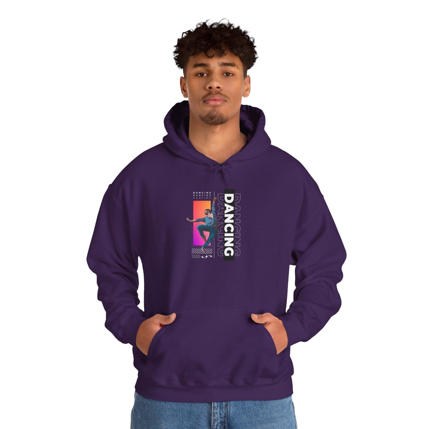 “Dancing” Text with Streetwear-Style Male Dancer Graphic – Unisex Heavy Blend™ Hooded Sweatshirt – Cozy Dance Hoodie for Performers & Dance Enthusiasts