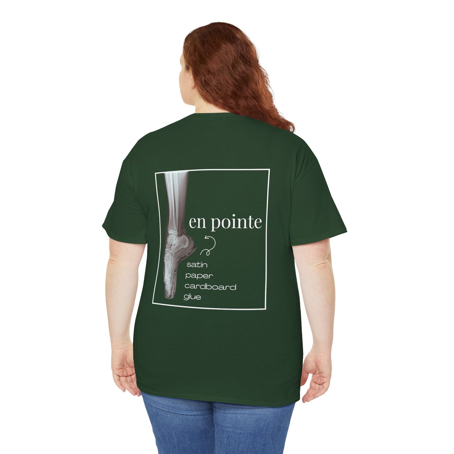 “I Dance en Pointe” X-Ray Ballet T-Shirt – Unisex Heavy Cotton Tee Featuring Pointe Shoe Foot Graphic with Optional Name or Studio Personalization on the back