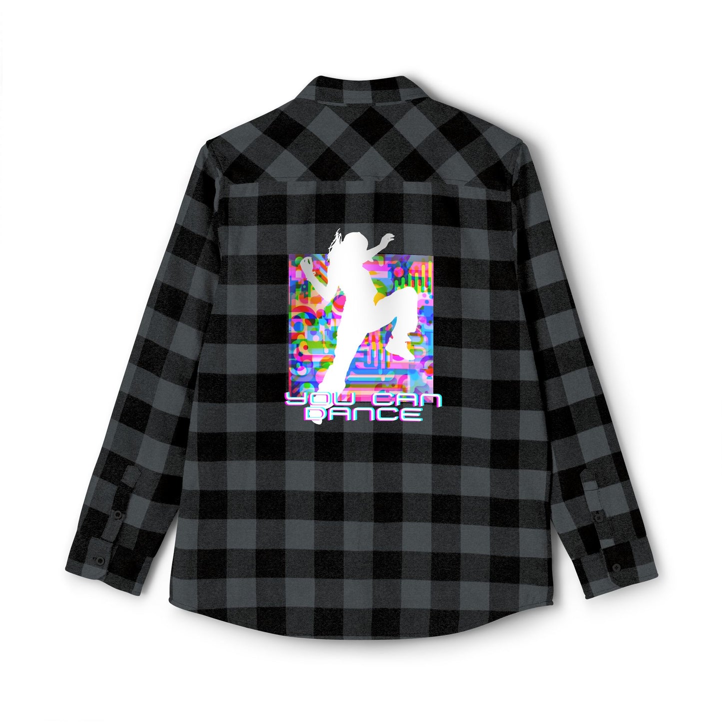 Levels Premium Collection Flannel Shirt – Unisex Streetwear Button-Up with "Levels Pictures Textures" Front Text and Bold Dancer Silhouette Back Graphic