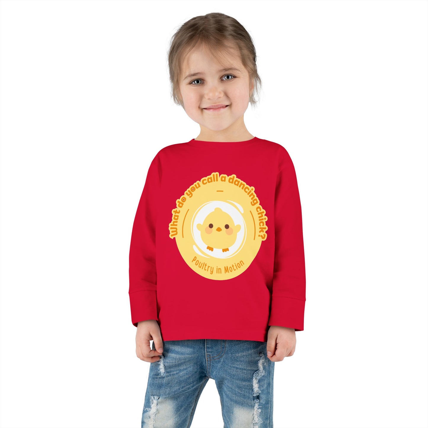 "What Do You Call a Dancing Chick? Poultry in Motion" Toddler Dance T-Shirt – Cute Chicken Graphic Long Sleeve Tee for Kids