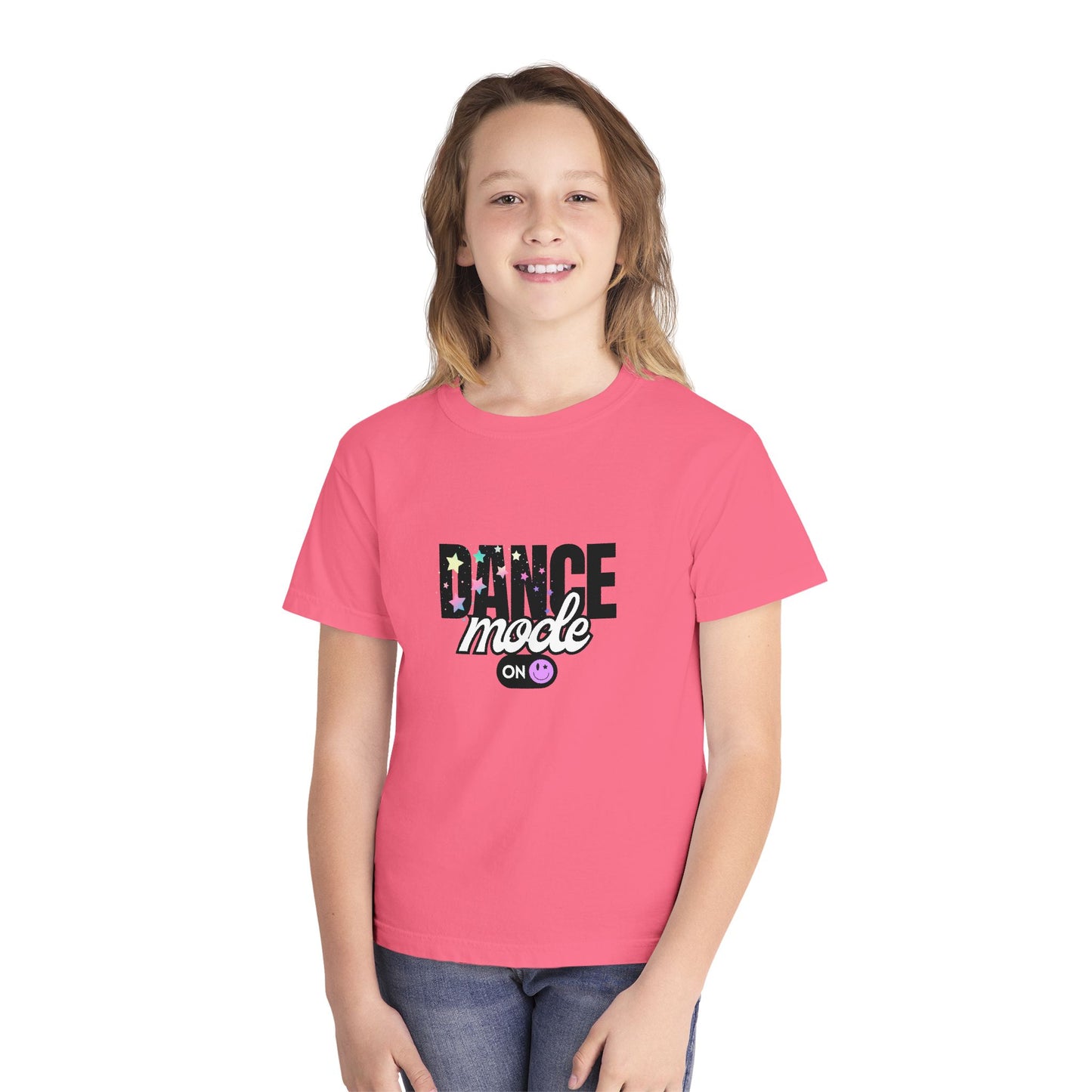 “Dance Mode On" Comfort Colors Youth Midweight T-Shirt – Pastel Stars & Smiley Face Dance Graphic Tee for Kids