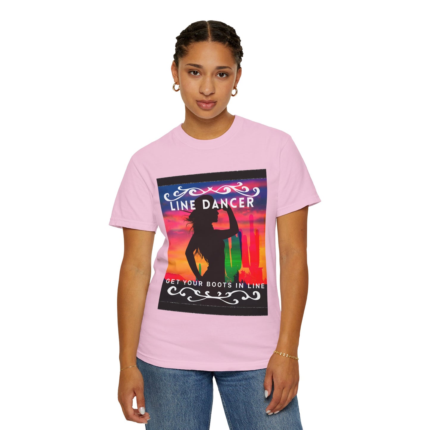 "Line Dancer" Unisex Garment-Dyed T-Shirt – Western Country Dance Graphic Tee – 'Get Your Boots in Line' Cowboy-Inspired Shirt
