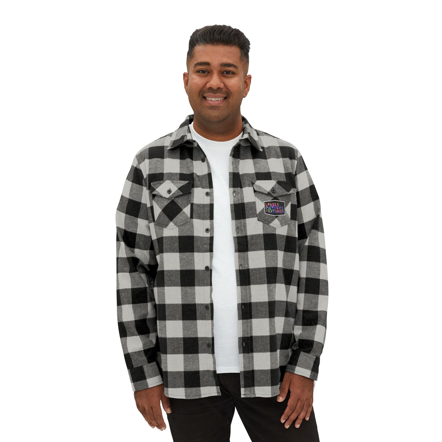 Levels Premium Collection Flannel Shirt – Unisex Streetwear Button-Up with "Levels Pictures Textures" Front Text and Bold Dancer Silhouette Back Graphic