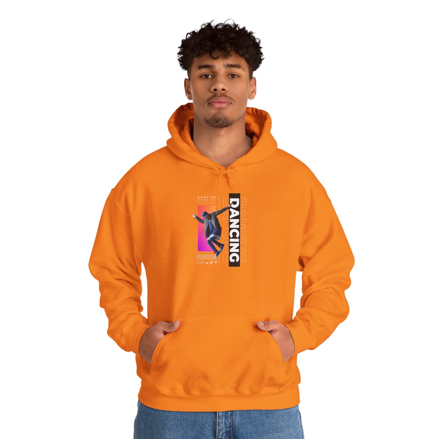 “Dancing” Text with Streetwear-Style Male Dancer Graphic – Unisex Heavy Blend™ Hooded Sweatshirt – Cozy Dance Hoodie for Performers & Dance Enthusiasts