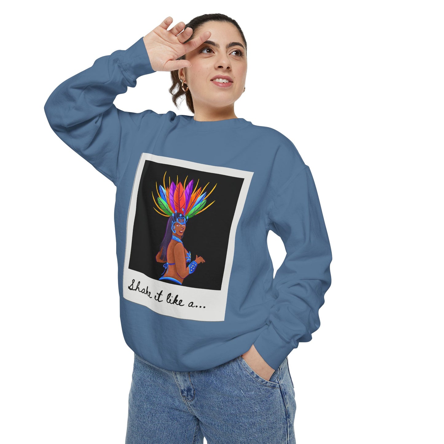 "Shake It Like a..." Unisex Lightweight Crewneck Sweatshirt – Carnival-Inspired Samba Dancer Graphic Pullover for Dance Lovers & Festival Vibes