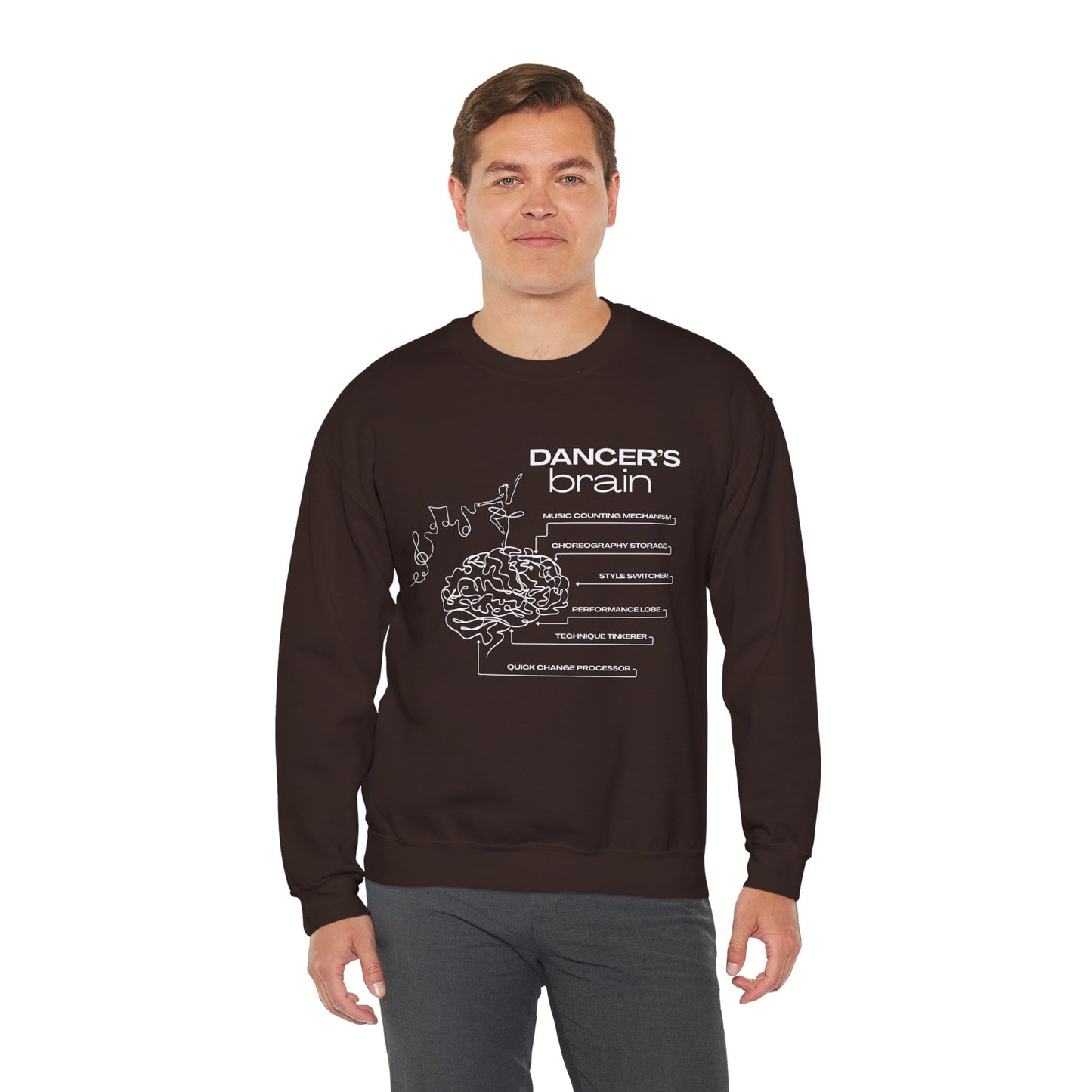 “Dancer’s Brain” Funny Dance Anatomy Sweatshirt – Unisex Heavy Blend Crewneck with Optional Name or Studio Personalization