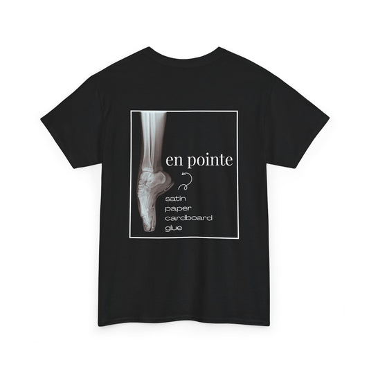 “I Dance en Pointe” X-Ray Ballet T-Shirt – Unisex Heavy Cotton Tee Featuring Pointe Shoe Foot Graphic with Optional Name or Studio Personalization on the back