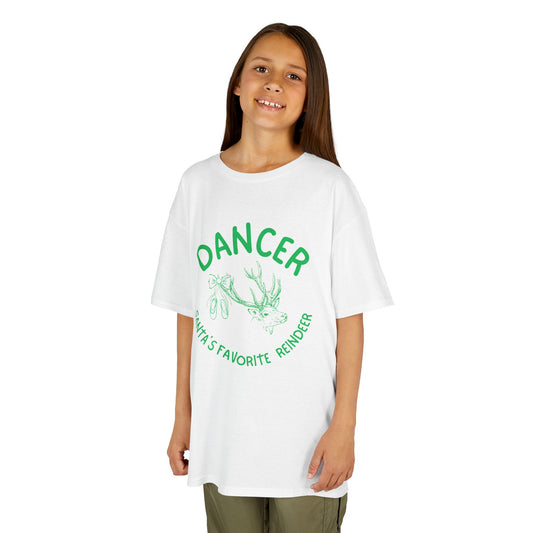 “Dancer, Santa’s Favorite Reindeer” YOUTH TEE Short Sleeve with Vintage Reindeer Graphic – Festive Christmas Dance Tee for Dancers & Holiday Events