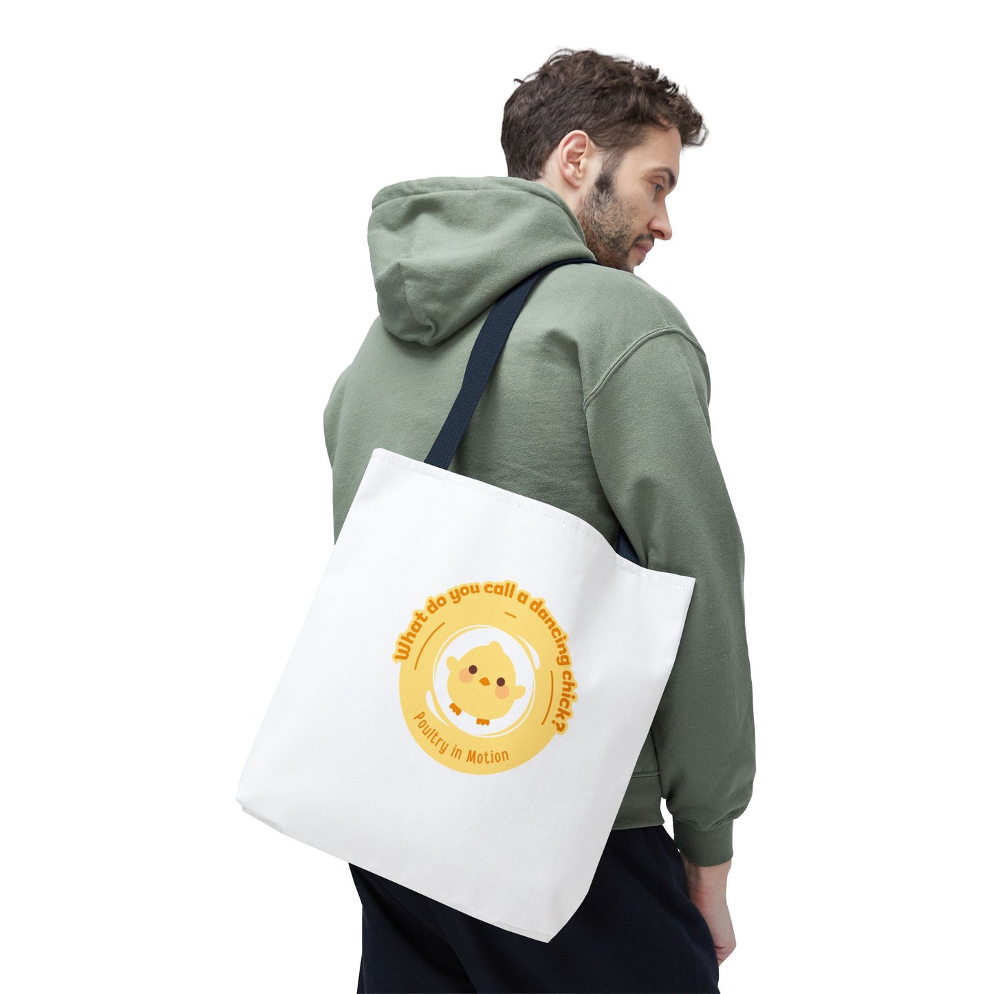 "What do you call a dancing chick? Poultry in Motion" Funny Dance Tote Bag – Kawaii Chicken Canvas Tote for Dancers & Dance Lovers