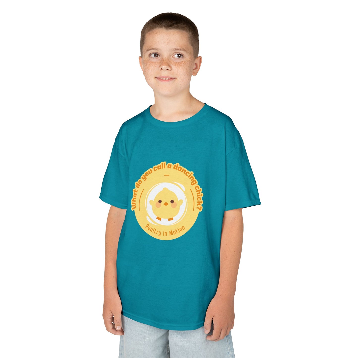 “What do you call a dancing chick? Poultry in Motion” Funny Chick Dance Tee for Kids – Cute Chicken Graphic - Youth Dance Pun T-Shirt