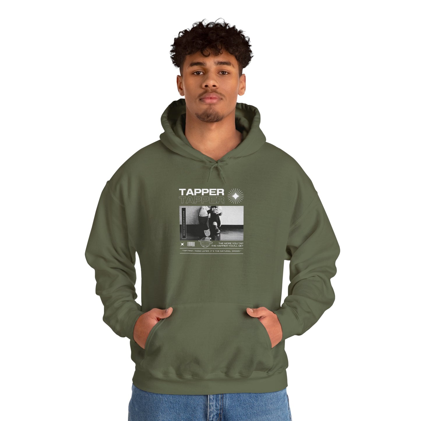 “Tapper” Tap Dance Text with Streetwear-Style Tap Shoes Graphic – Unisex Heavy Blend™ Hooded Sweatshirt – Cozy Dance Hoodie for Tap Dancers & Performing Arts Fans