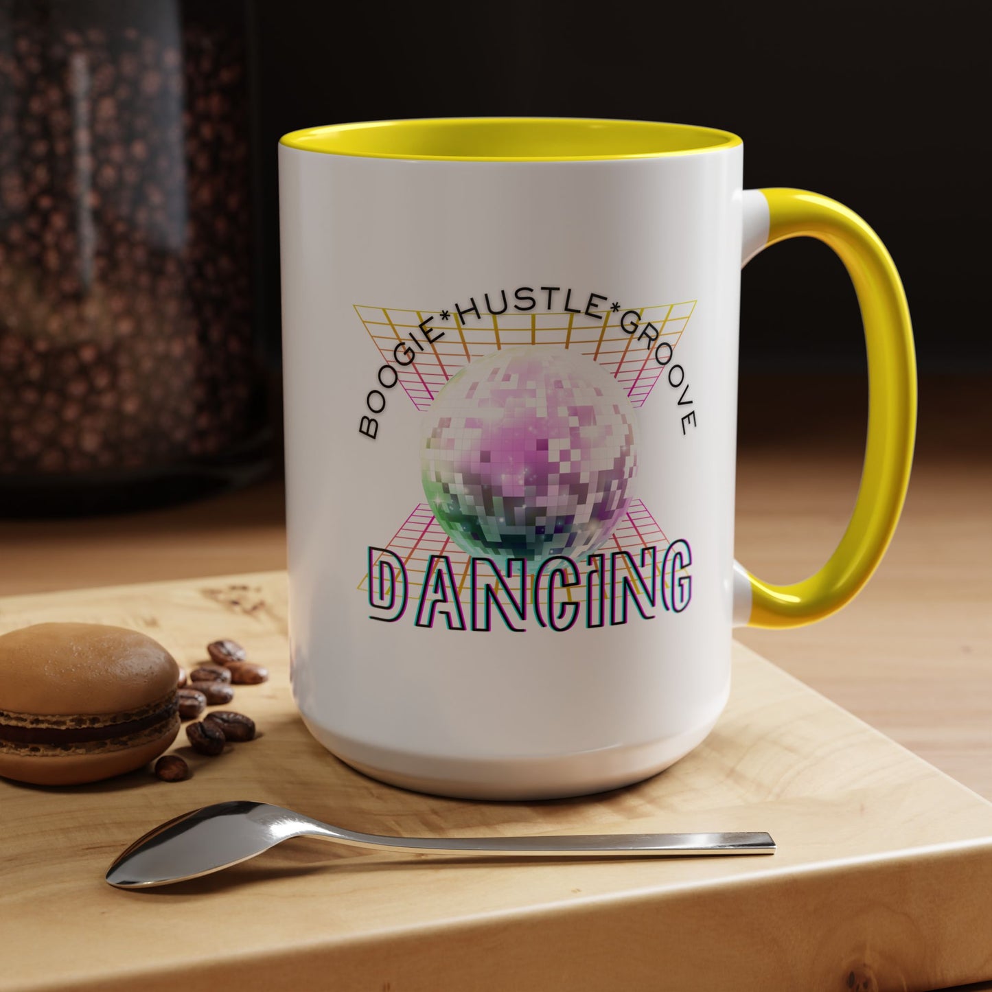 "Boogie, Hustle, Groove - Dancing" Disco Accent Coffee Mug – Fun Retro Dance Gift for Coffee Lovers