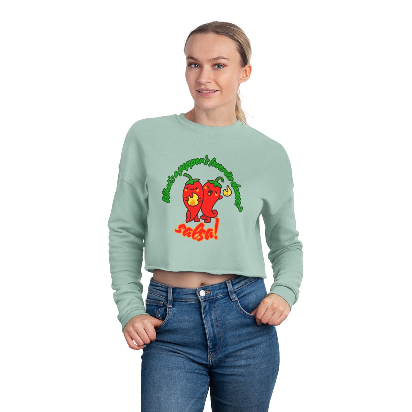 "What’s a Pepper’s Favorite Dance? Salsa!" - Women’s Cropped Sweatshirt | Cute Food Pun Dance Pullover with Pepper Graphic