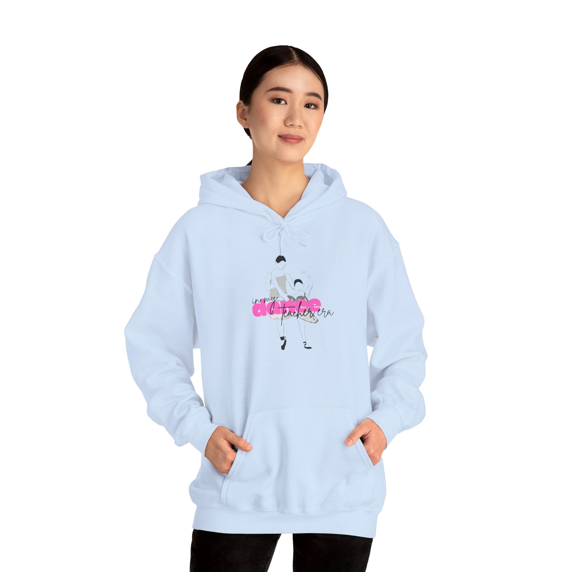Light blue hoodie with graphic design on a white background