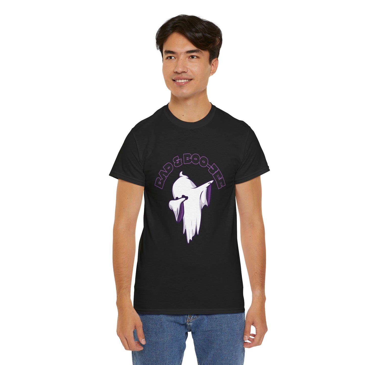 “Bad & Boo-jee” Funny Halloween Dance T-Shirt with Cute Ghost Dab Graphic - Unisex Heavy Cotton Tee