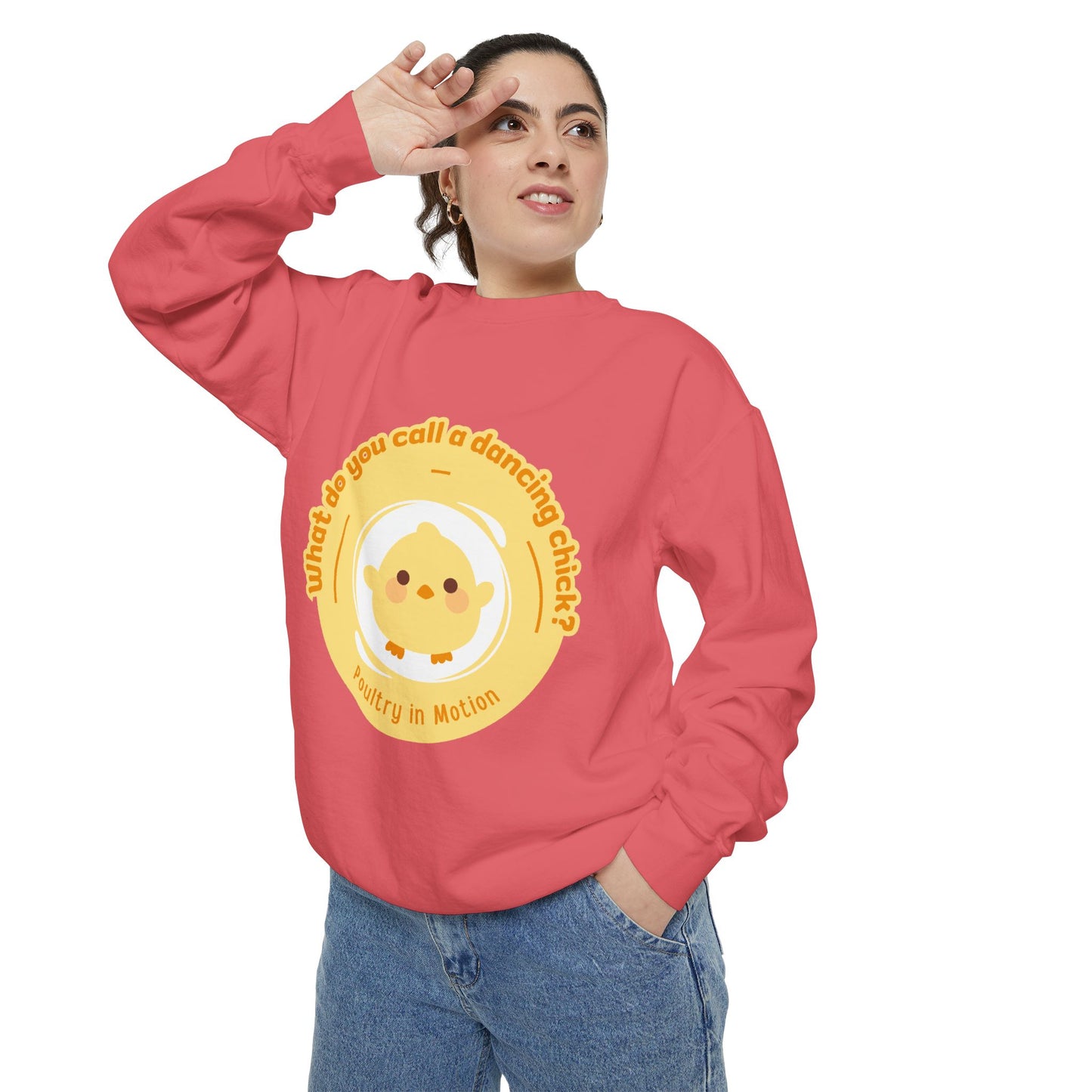 "What Do You Call a Dancing Chick? Poultry in Motion" Unisex Lightweight Crewneck Sweatshirt – Funny Dance Pun Pullover with Colorful Text Graphic for Dancers & Humor Lovers